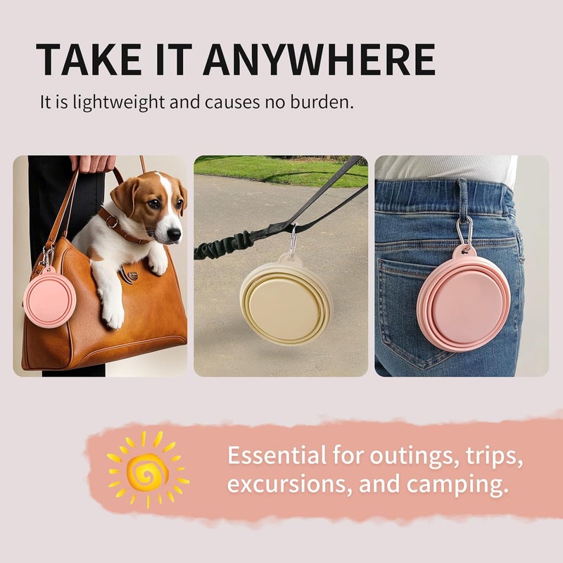 TECOPH Collapsible Dog Bowls 2-Pack, Portable Travel Dog Bowl with Carabiner, Food-Grade Silicone Pet Bowl for Hiking, Walking (Macaron Pink and Yellow) - Image 5